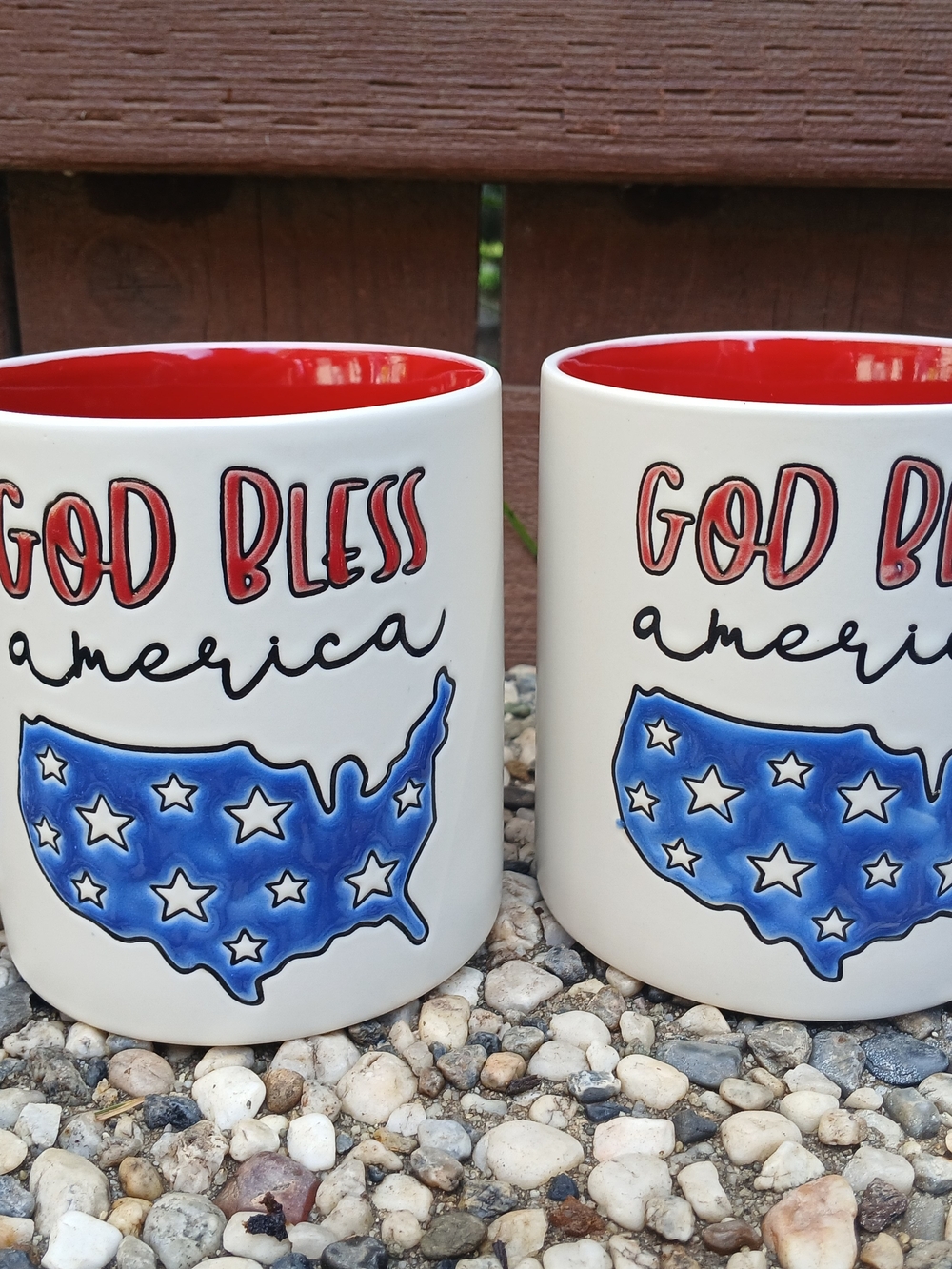 Set of 2 God Bless America Ceramic Coffee Mugs Patriotic USA Red White Blue NWOT